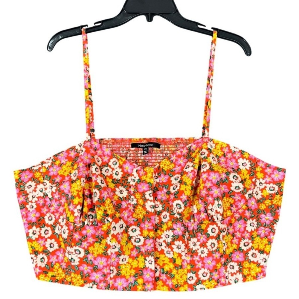 New Look Floral Corset Crop Top Hook Eye Smocked Back Orange Pink Yellow 2X Size